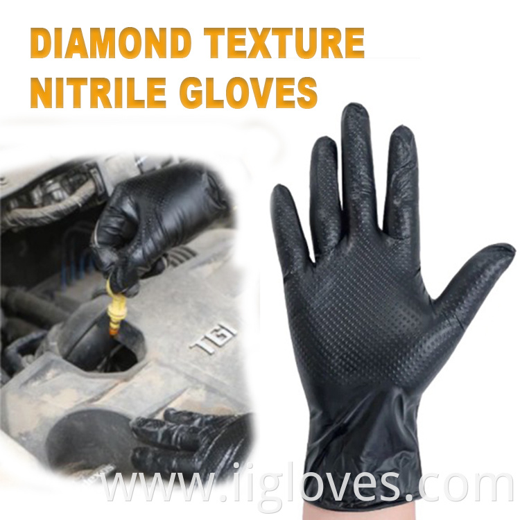 Wholesale Waterproof Thickened Powder Free Food Grade Black Orange Diamond Grip Nitrile Gloves